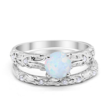 Art Deco Two Piece Engagement Ring Round Lab Created White Opal 925 Sterling Silver